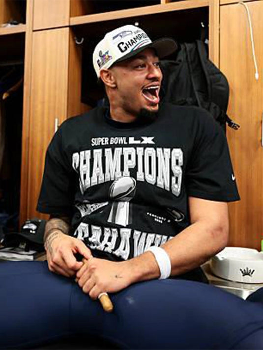 Seattle Seahawks Super Bowl LX 2026 Champions black T‑shirt with bold commemorative championship logo celebrating the title win