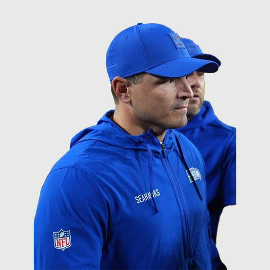 Mike Macdonald Seahawks Blue Nike Half-Zip Hoodie featuring lightweight fabric and modern sideline detailing.