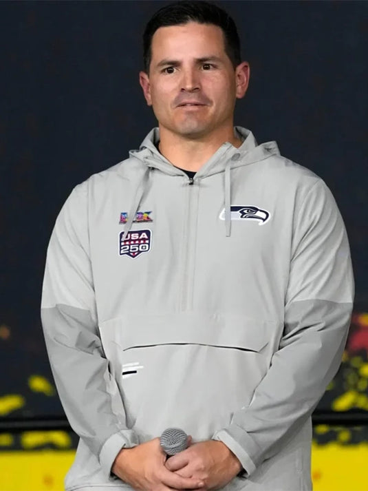 Recreated grey anorak jacket inspired by the Seattle Seahawks Super Bowl LX Opening Night 2026 look with USA 250 patch details and coach Mike MacDonald sideline styling.