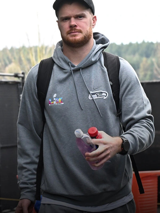 RECREATED Seattle Seahawks 2026 Super Bowl LX logo pullover fleece hoodie in grey with soft brushed interior