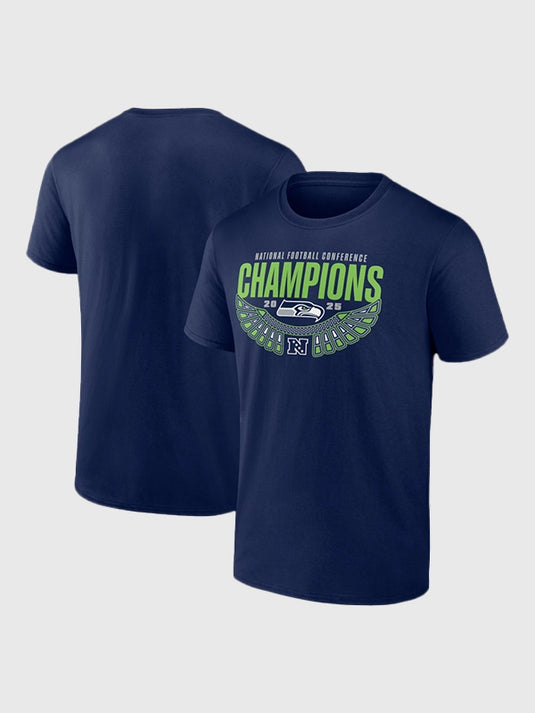 Navy Fanatics t-shirt celebrating Seattle Seahawks 2025 NFC Champions in hometown college style