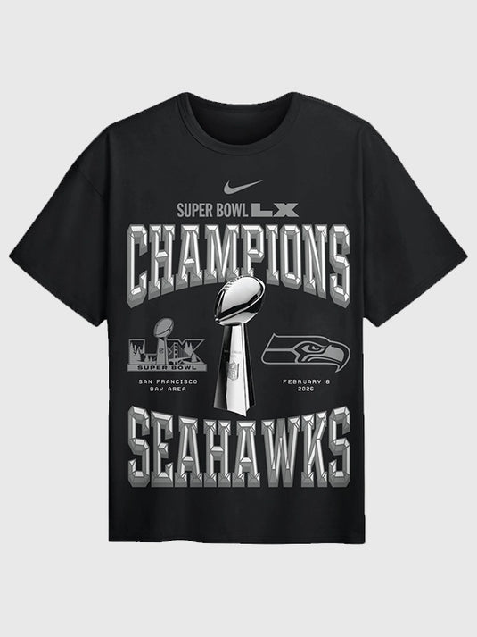 Black Nike Seahawks Super Bowl LX Champions Locker Room Trophy Collection tee featuring printed team and event design