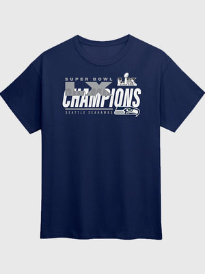 Navy unisex Seahawks Super Bowl LX Champions iconic victory tee featuring screen-printed celebratory design