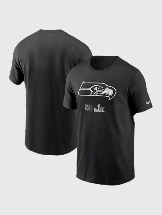 Recreated Seattle Seahawks Super Bowl LX Opening Night 2026 black tee with traditional crewneck cut and standout team-inspired design.