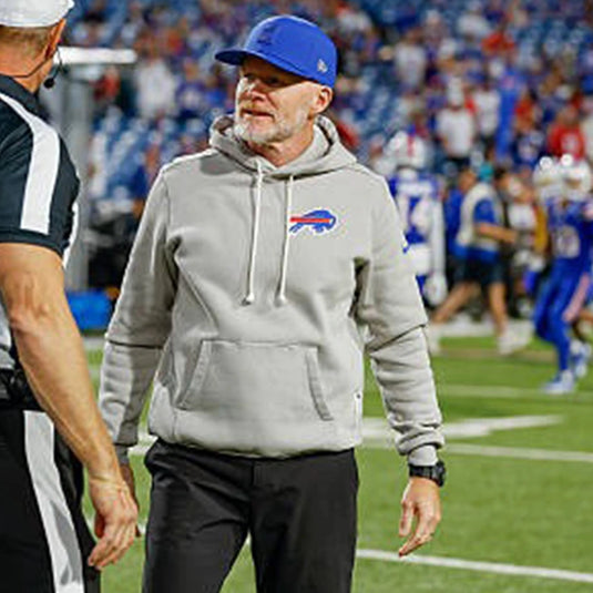 Buffalo Bills 2025 Nike Grey Pullover Hoodie inspired by Coach Sean McDermott’s sideline look.