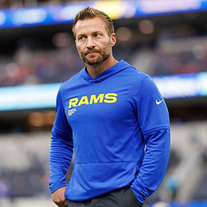 LA Rams 2025 blue sideline hoodie t-shirt designed like Sean McVay’s performance game gear.