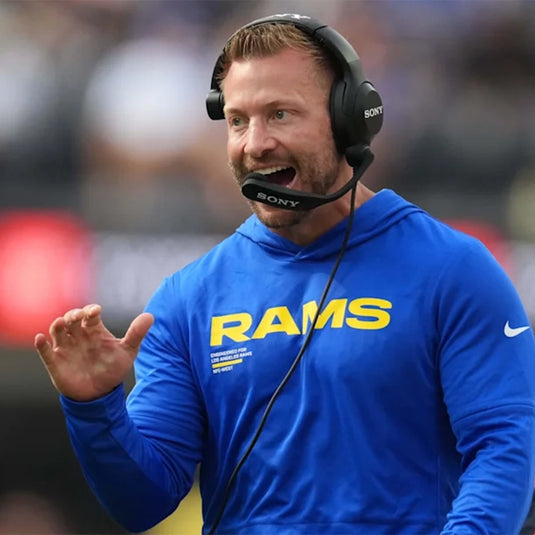 Sean McVay 2025 LA Rams blue sideline performance hoodie t-shirt designed for comfort and mobility.
