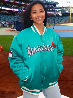 RECREATED Seattle Mariners Hello Kitty Green Bomber Jacket inspired by Michelle Villafuerte showcasing a classic bomber design with fun graphics