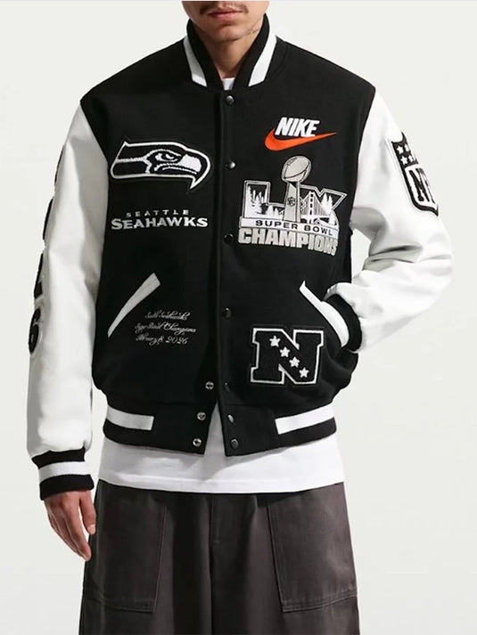 Seattle Seahawks Super Bowl LX champions black and white letterman varsity jacket with embroidered team patches