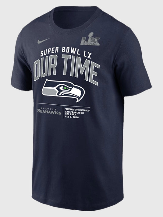 Navy Nike t-shirt recreated in Seattle Seahawks Super Bowl LX Our Time Clear Sign design with bold graphic detail