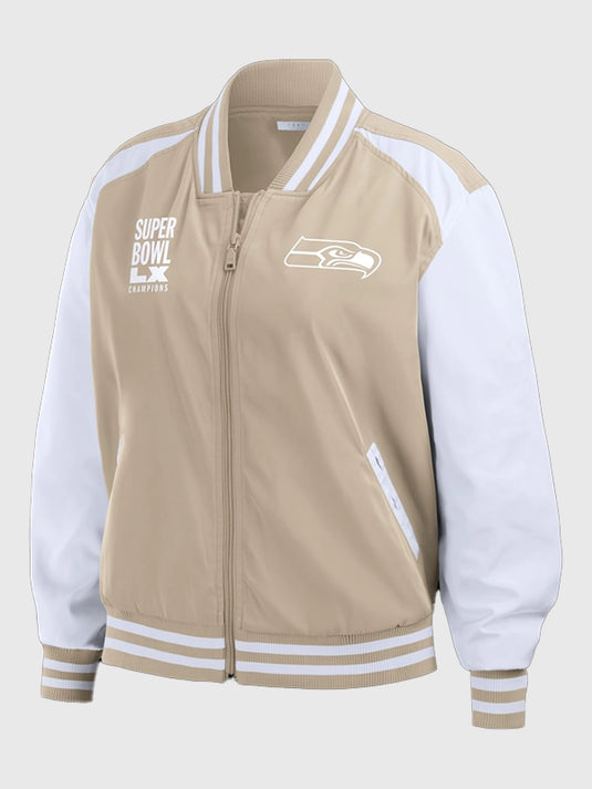 Tan Seahawks Super Bowl LX Champions bomber jacket featuring full-zip design and subtle tonal event graphics