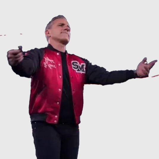 It Ain’t Right red and black jacket offering a fashionable blend of bold tones and sleek detailing.