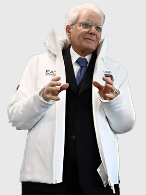 EA7 Team Italy Sergio Mattarella white jacket Milano Cortina 2026 design, comfortable padded construction for cold weather wear