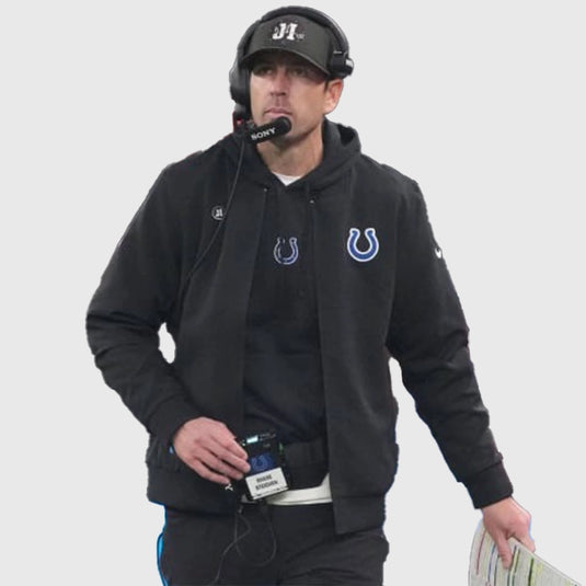 2025 Indianapolis Colts black bomber jacket with Coach Shane Steichen sideline-inspired fit and details.
