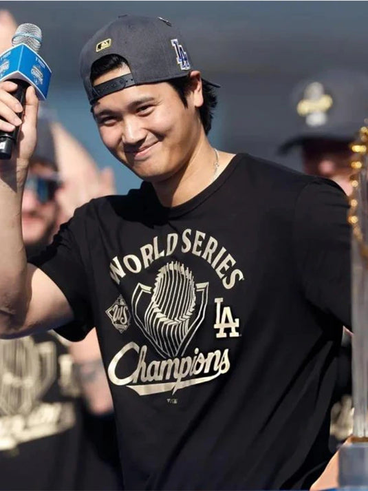 Shohei Ohtani 2025 Dodgers celebration shirt recreated with bold championship-inspired detailing.