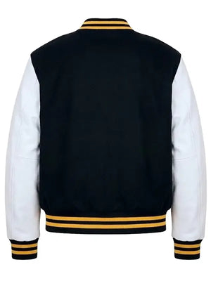 Solflare black and white wool varsity jacket recreated with structured silhouette and timeless varsity aesthetic