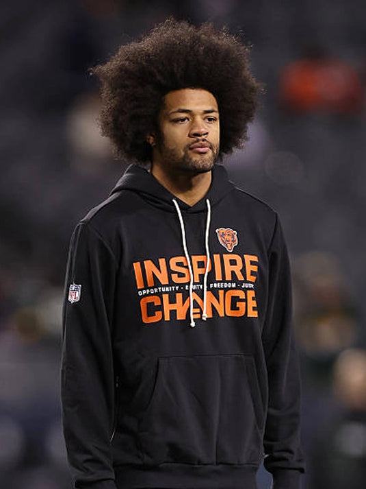Nike black Inspire Change 2025 sideline pullover hoodie for the Chicago Bears with Opportunity Equity Freedom Justice messaging