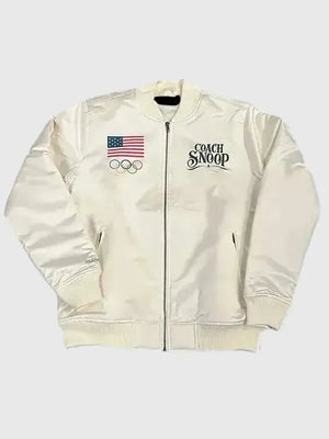 White satin Snoop Dogg Team USA 2026 Olympic jacket built for lightweight warmth and standout street style