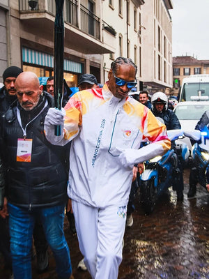 Milano Cortina 2026 Winter Olympics Snoop Dogg torchbearer jacket recreated in white, featuring a classic fit and full-zip front.