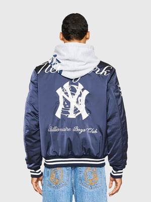 RECREATED New York Yankees Billionaire Boys Club Navy Satin Jacket featuring a streamlined design with contemporary fan-inspired appeal