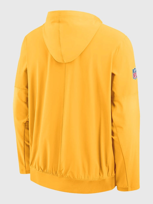 Recreated Pittsburgh Steelers 1933 anorak jacket featuring classic black and gold design with a functional hood.