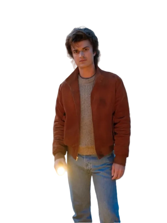 Joe Keery Stranger Things season 5 inspired brown suede jacket designed for everyday casual wear
