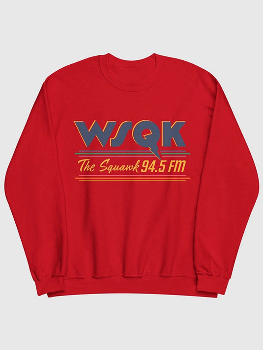 Red graphic fleece sweatshirt from the Stranger Things WSQK “The Squawk” collection.
