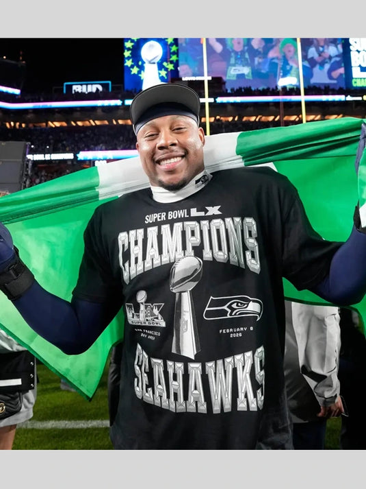 Super Bowl LX 2026 Seattle Seahawks champions black T‑shirt with soft cotton fabric and printed celebratory design