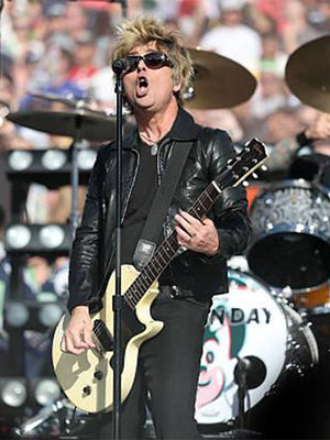 Recreated Super Bowl LX 2026 Green Day black leather jacket with classic rock‑inspired design