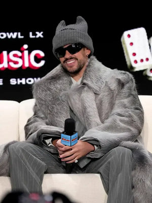 Grey faux fur coat inspired by Bad Bunny’s Super Bowl LX press look, recreated with long pile and bold monochrome style.