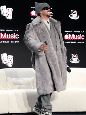 Recreated Bad Bunny Super Bowl LX Apple Music Halftime Show fur coat in grey with plush texture and statement-making outerwear design.
