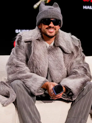 Recreated Super Bowl LX Bad Bunny grey fur coat with oversized cut and luxurious fleece-like finish, echoing the Apple Music Halftime Show press outfit