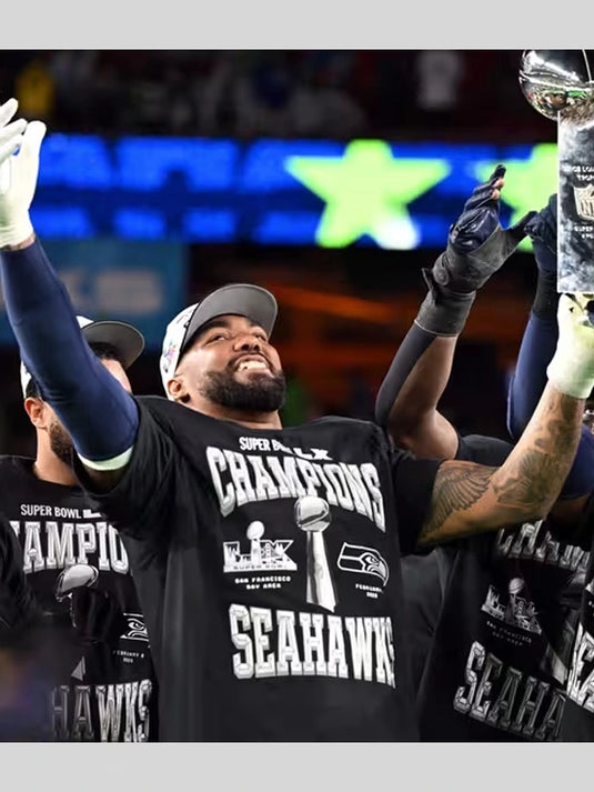 Black Seattle Seahawks Champions T‑shirt from Super Bowl LX 2026 with bold team and event logo print for everyday fan wear