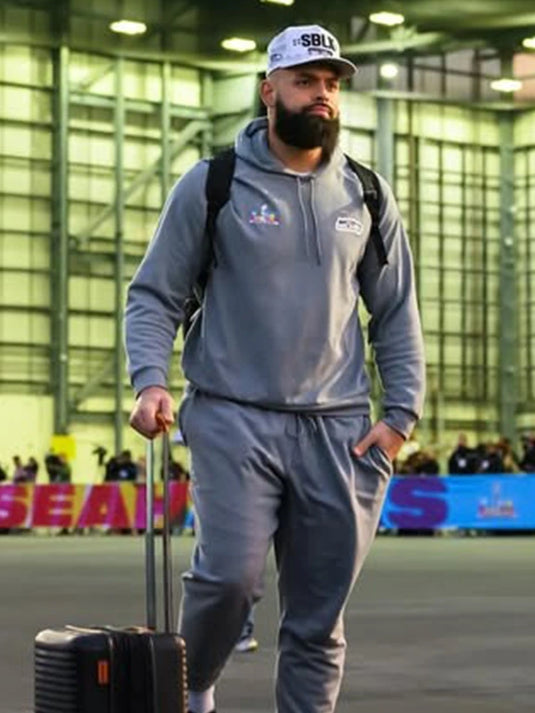 Grey RECREATED Seahawks 2026 Super Bowl LX hoodie with ribbed cuffs, hem, and soft fleece feel