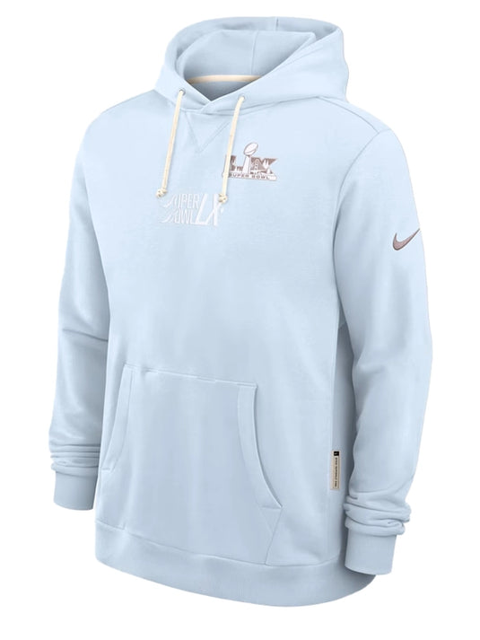 Light blue Nike Super Bowl LX Ultra 2026 hoodie recreated with fleece fabric and classic pullover silhouette