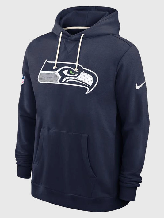Super Bowl 60 Nike navy fleece pullover hoodie with Seattle Seahawks and Cooper Kupp design