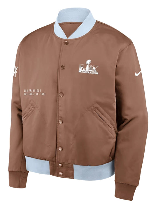 RECREATED Nike Super Bowl LX Legacy 2026 bomber jacket in brown satin with a sleek, structured silhouette