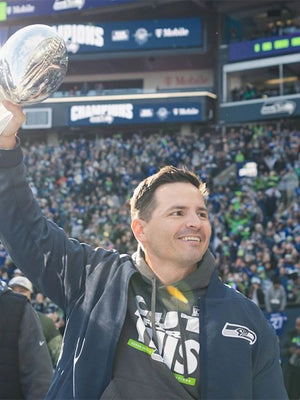 Seattle Seahawks Super Bowl LX Champions parade bomber jacket in navy with embroidered team and title details