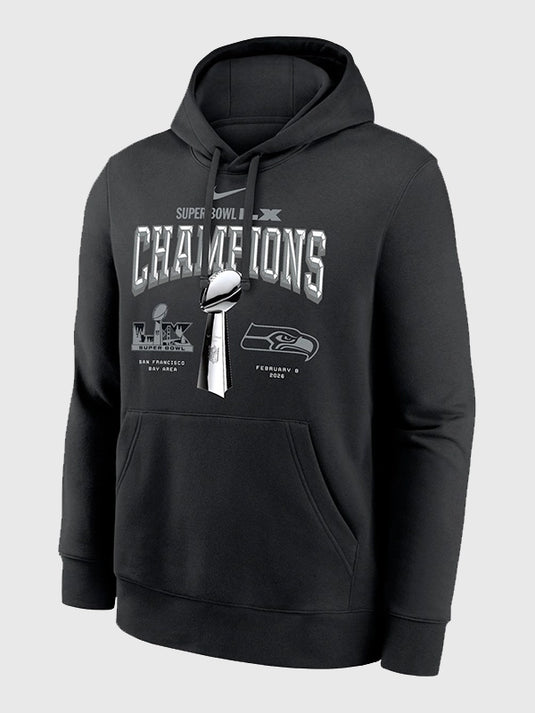 Black Nike Seahawks Super Bowl LX Champions Trophy Collection fleece hoodie featuring cozy lining and chest team print