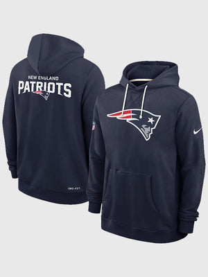 New England Patriots navy fleece pullover hoodie featuring Christian Gonzalez Super Bowl LX 2026 design