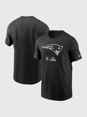 Black crewneck t-shirt recreated from the New England Patriots Super Bowl LX Opening Night 2026 collection featuring bold team graphics and soft cotton build.