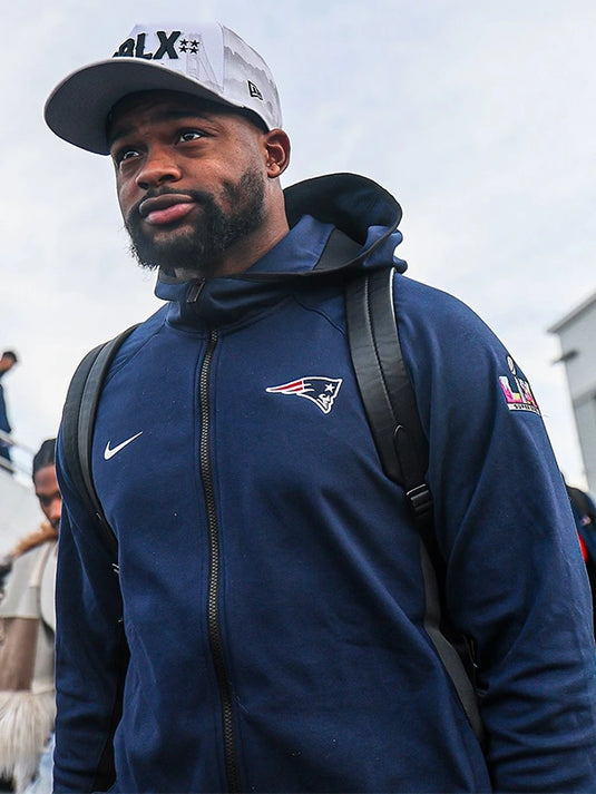 RECREATED navy Patriots 2026 Super Bowl LX logo fleece hoodie designed with classic zip up styling