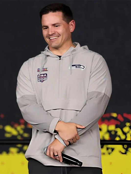 Seattle Seahawks Super Bowl LX Opening Night 2026 grey anorak jacket recreated with functional hood and pullover design, reflecting Coach Mike MacDonald’s team gear.
