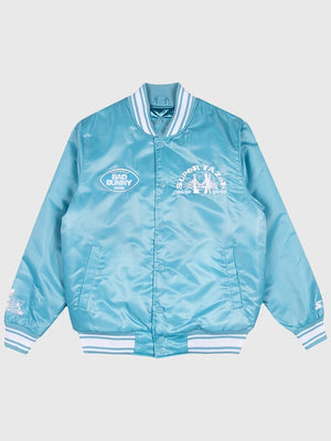 Recreated Bad Bunny x Super Tazón LX unisex satin Starter jacket in light blue with embroidered Super Tazón LX graphics
