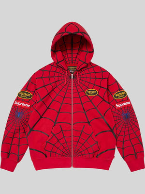 Recreated Supreme x Vanson Leathers Spiderman zip up hoodie with bold graphic detailing and full-zip front closure