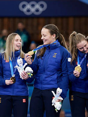 Recreated Milano Cortina 2026 Winter Olympics Uniqlo Team Sweden Curling Event puffer jacket in blue with insulated quilted construction
