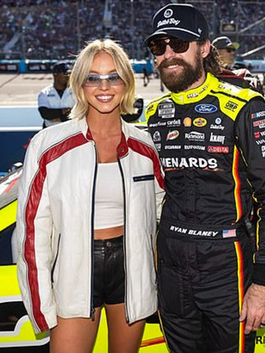 Sydney Sweeney Inspired NASCAR Championship 2025 White Leather Jacket blending fashion with motorsport energy.