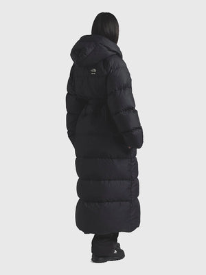 Recreated black Nuptse Wrap Puffer Coat with structured wrap design and weather-resistant construction from the 2025 drop.