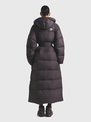 Recreated The North Face × SKIMS Nuptse Wrap Parka Puffer Coat in brown with soft insulation and wrap-around belted design.