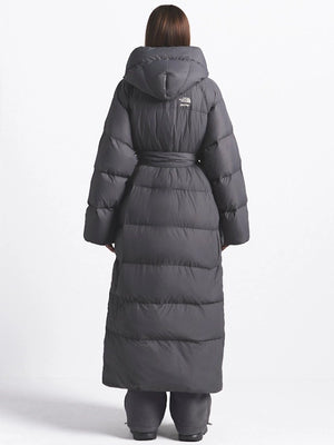 Recreated The North Face × SKIMS Nuptse Wrap Parka Puffer Coat in grey featuring wrap-front silhouette and insulated puffer padding.